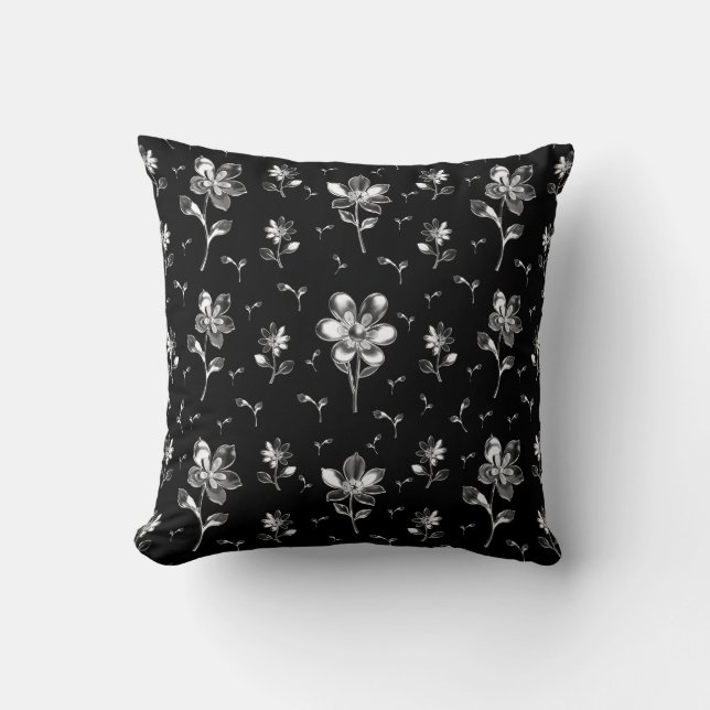 Coussin Motif Floral Noir Et Argent Double Côté (Recto)