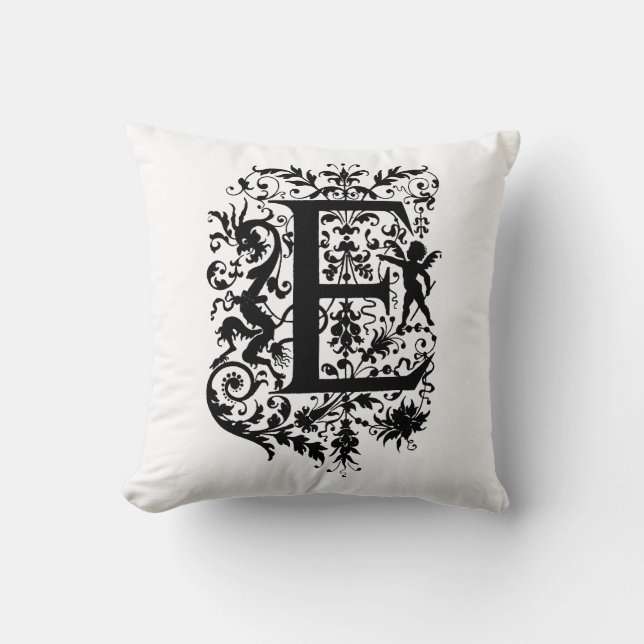 Coussin Motif floral noir et blanc à monogramme E initial (Recto)
