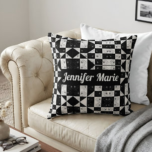 Coussin Motif floral noir et blanc moderne avec nom person