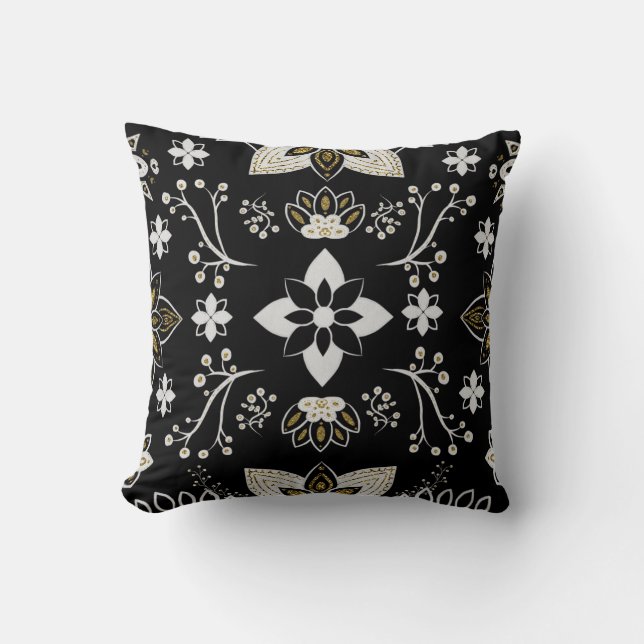 Coussin Motif floral noir et blanc orné (Recto)