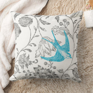 Coussin Motif floral oiseau moderne vintage aqua et gris