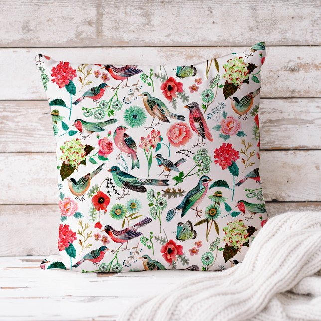 Coussin Motif floral Oiseaux du jardin vibrant (Créateur téléchargé)