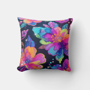 Coussin Motif floral pailleté néon