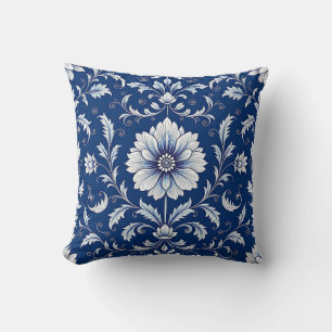 Coussin Motif floral porcelaine bleu marine