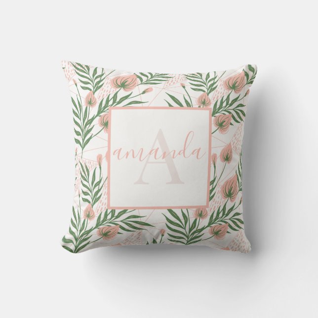Coussin Motif floral prénom personnalisé rose vert pastel (Recto)