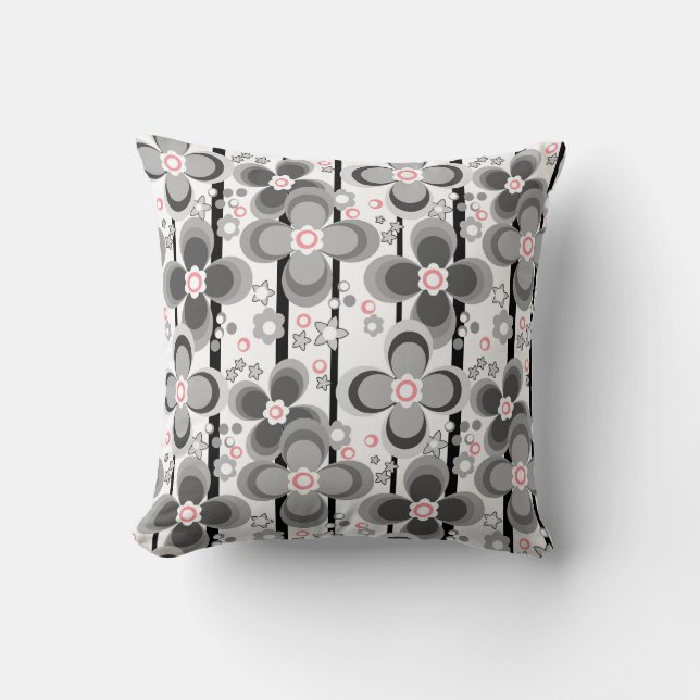 Coussin Motif floral rétro gris et blanc (Recto)
