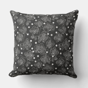 Coussin Motif floral rétro noir et blanc avec polka do