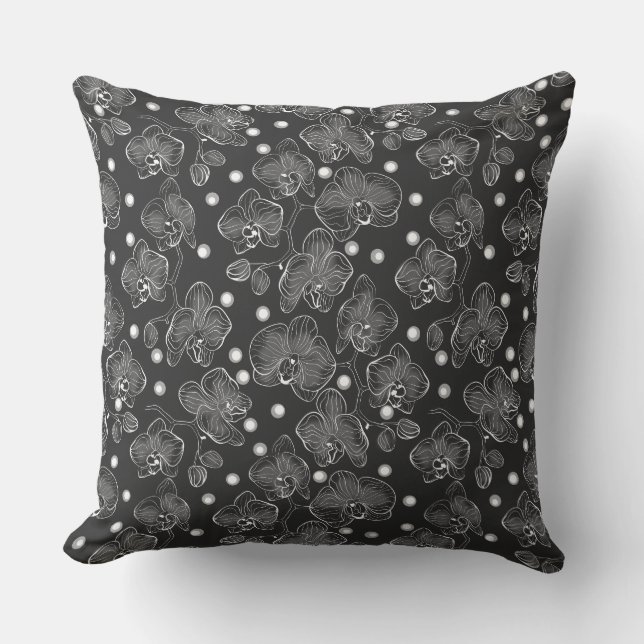 Coussin Motif floral rétro noir et blanc avec polka do (Recto)