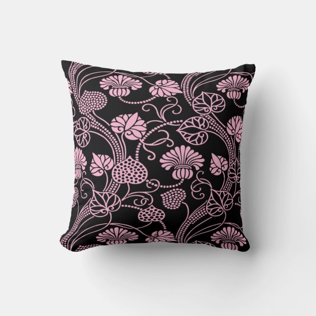 Coussin Motif floral rétro rose sur fond noir (Recto)