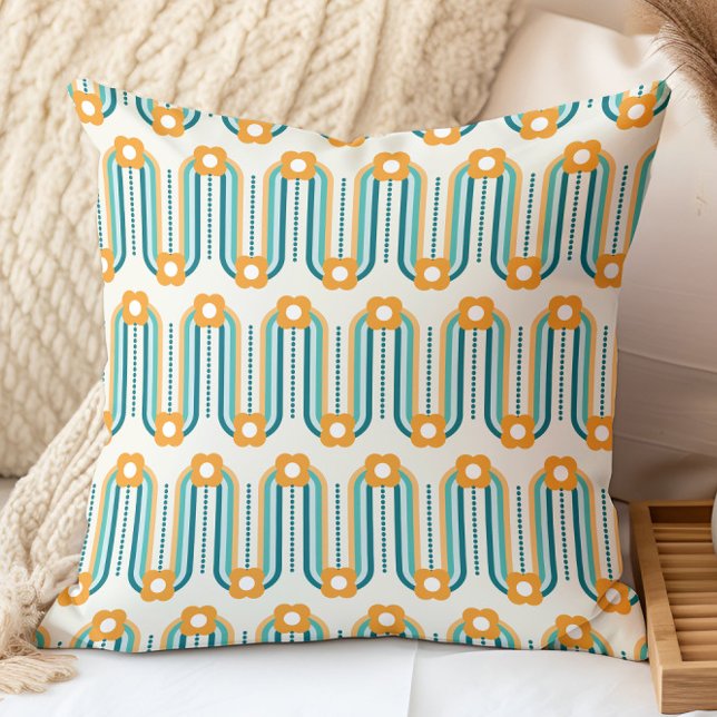 Coussin Motif floral rétro sarcelle aqua orange (Créateur téléchargé)