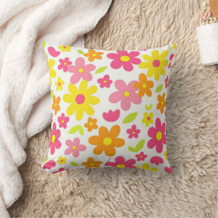 Coussin Motif floral rose et jaune rétro d'été lumineux
