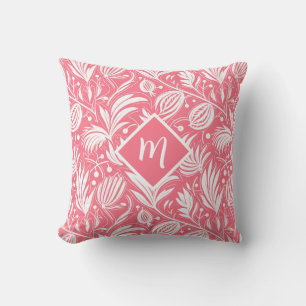 Coussin Motif floral rose tropical avec monogramme diamant