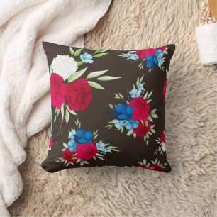 Coussin Motif floral rouge bleu élégant sur fond brun fonc