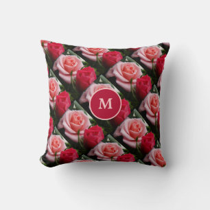 Coussin Motif Floral Rouge rose rose Personnalisé Monogram