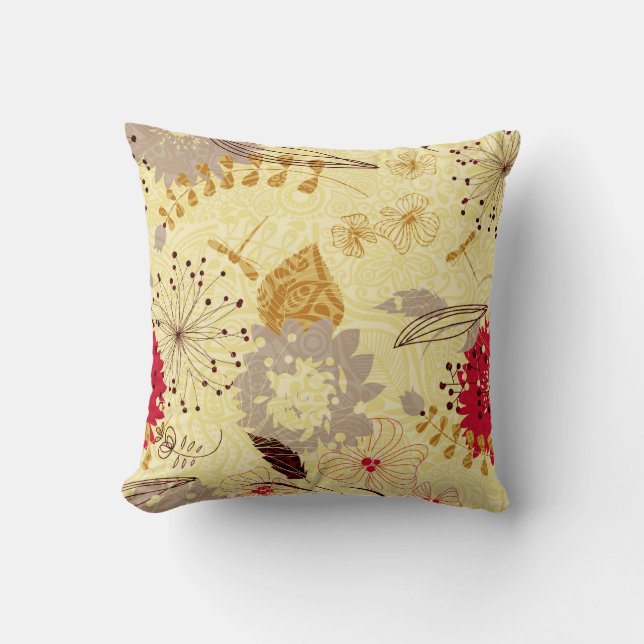 Coussin Motif Floral Rustique Rétro Beige Et Rouge (Recto)
