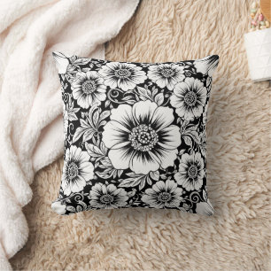 Coussin Motif floral sans couture vintage noir et blanc (2
