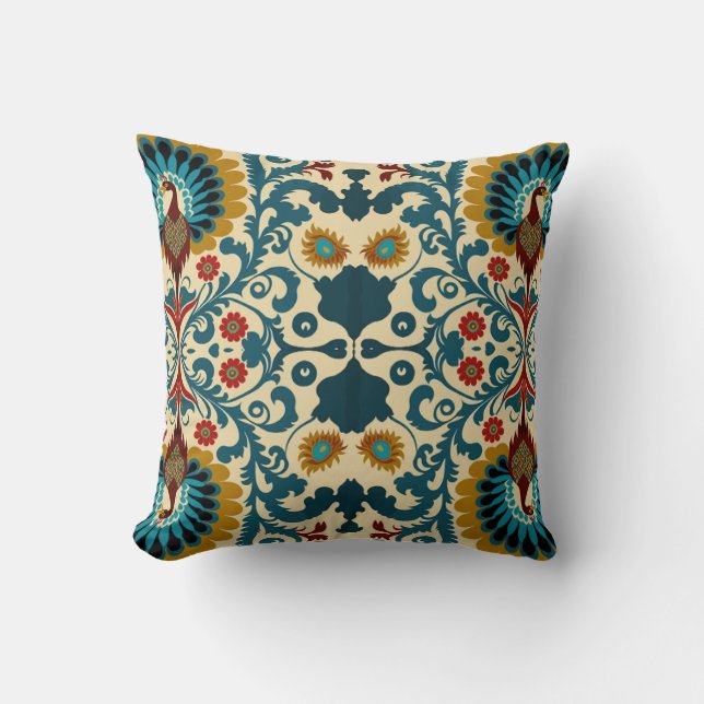 Coussin Motif floral sarcelle, orange et jaune (Recto)