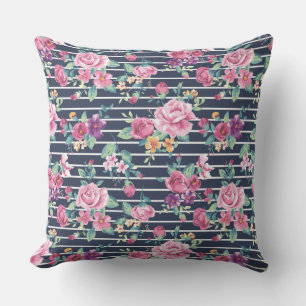 Coussin Motif floral sur le feuillage Rose rayé rose pourp