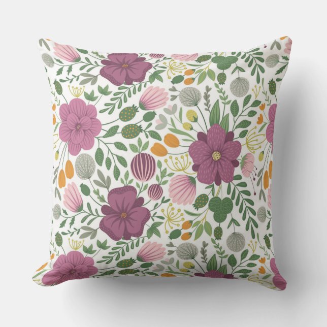Coussin Motif Floral tendance rose jaune pourpre vert (Recto)