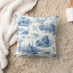 Coussin Motif floral toile de Jouy bleue vintage