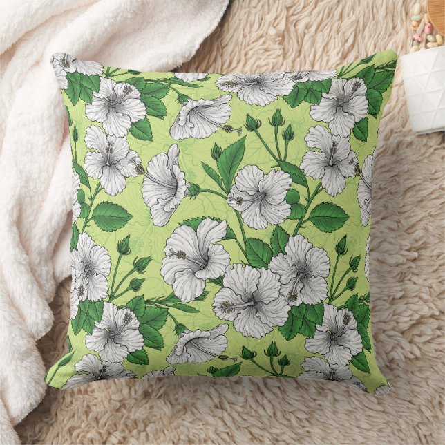 Coussin Motif floral tropical à fleurs d'Hibiscus blanc (Couverture)