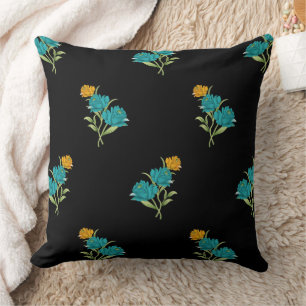 Coussin Motif floral turquoise corail vert sur fond noir 