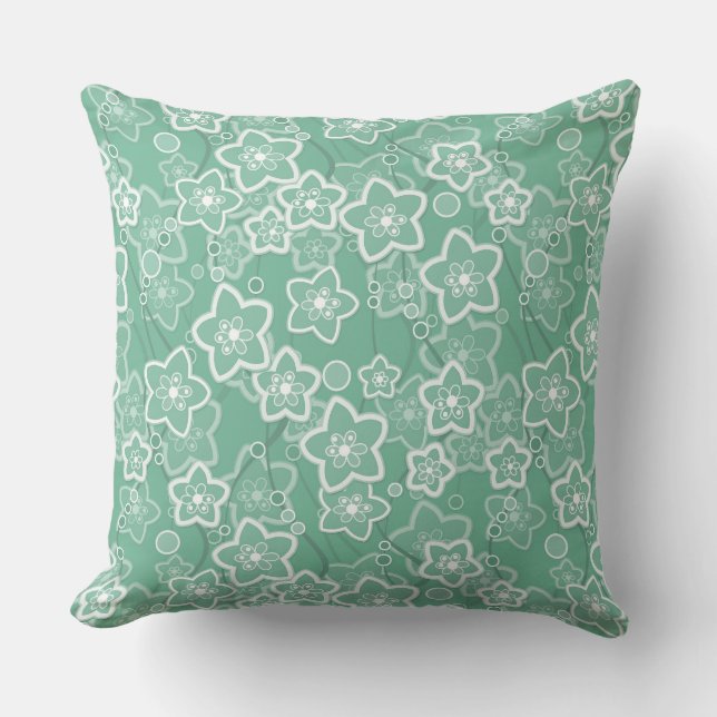 Coussin motif floral vert et blanc rétro sixties (Recto)