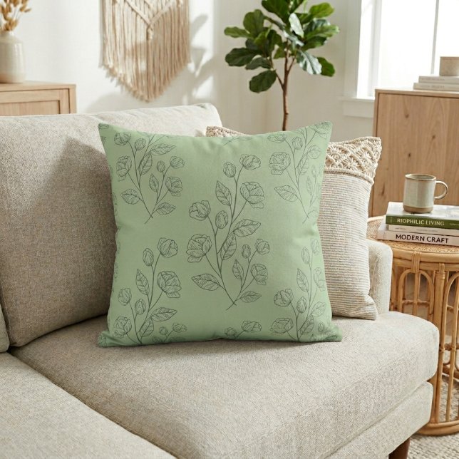 Coussin Motif floral vert simple moderne sur fond vert (Créateur téléchargé)