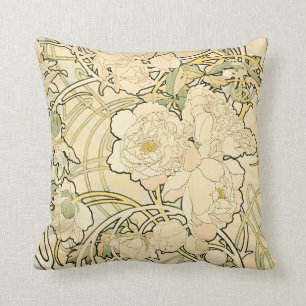 Coussin Motif floral vintage de pivoines de Nouveau Mucha
