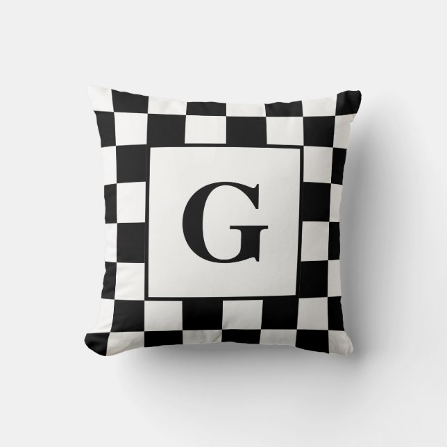 Coussin Motif frontière À damiers noir blanc avec Monogram (Recto)