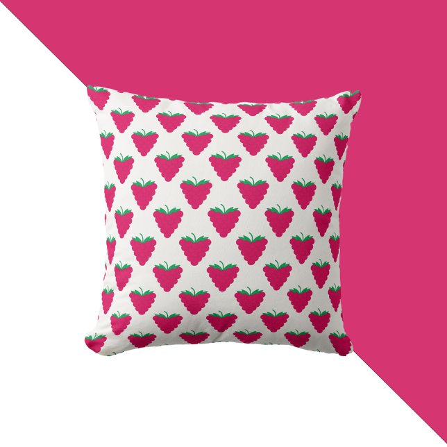 Coussin Motif Fruit Baie Rose Framboise (A throw pillow with a pattern of pink raspberries with green stems.)