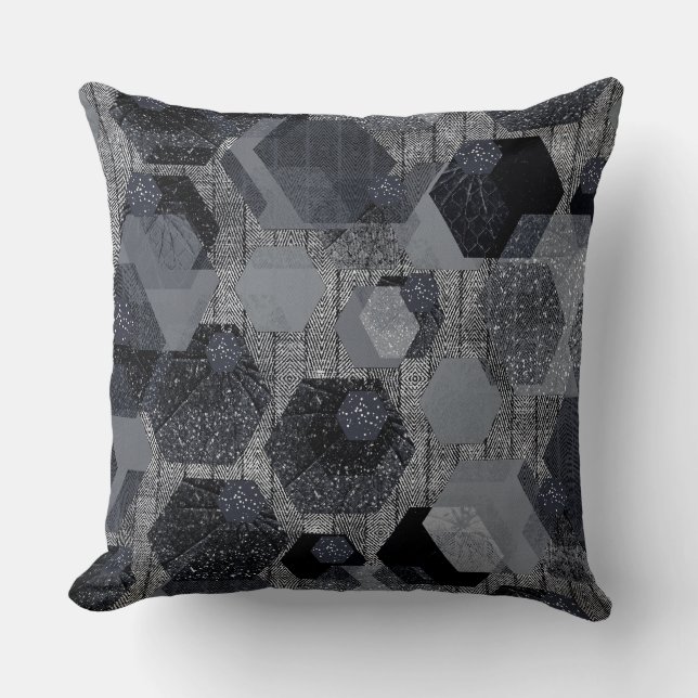 Coussin motif géométrique Abstrait, noir et gris. (Recto)