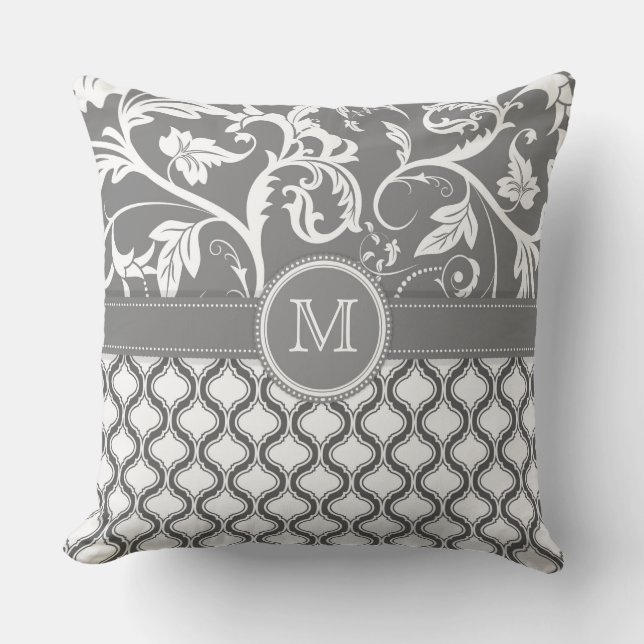 Coussin Motif Géométrique Blanc Et Gris Et Design Floral (Recto)