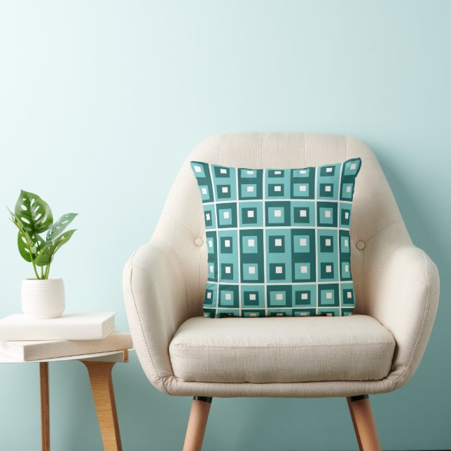 Coussin Motif géométrique de carrés bleus rétro (Chaise)