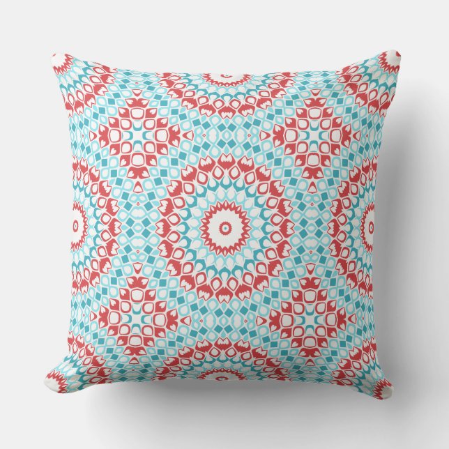 Coussin Motif géométrique de mandala rouge et aqua (Recto)