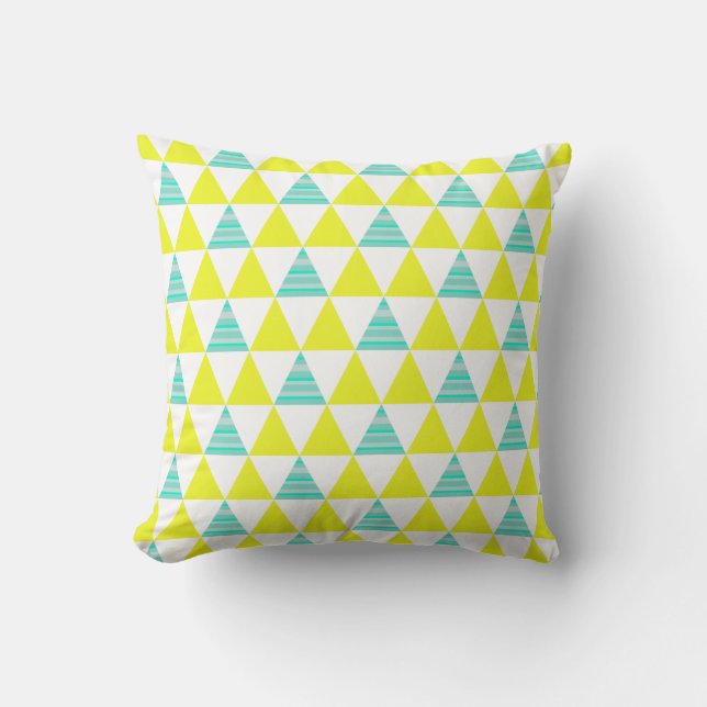 Coussin Motif géométrique de triangles en Aqua blanc jaune (Recto)