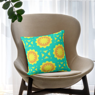 Coussin Motif géométrique en mosaïque jaune orange turquoi