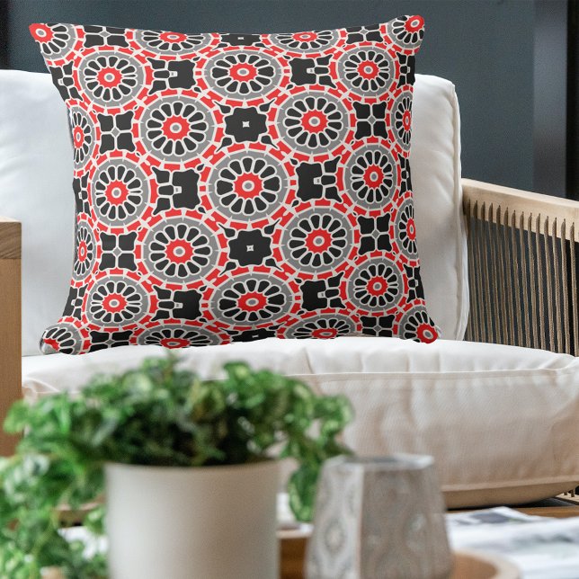 Coussin Motif géométrique en mosaïque rouge noir et gris (Créateur téléchargé)