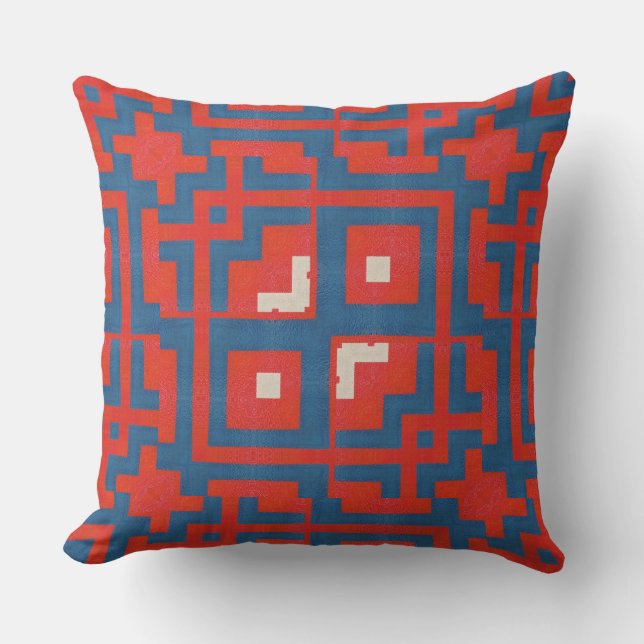 Coussin Motif Géométrique Formes Rouges sur Fond Bleu (Recto)