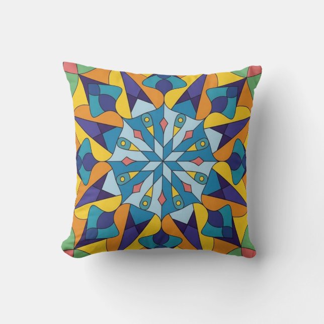 Coussin Motif géométrique fractal bleu et jaune (Recto)