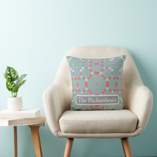 Coussin Motif géométrique gris turquoise corail élégant