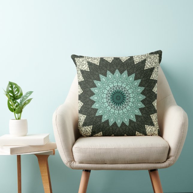 Coussin Motif géométrique mandala sarcelle et vert (Chaise)
