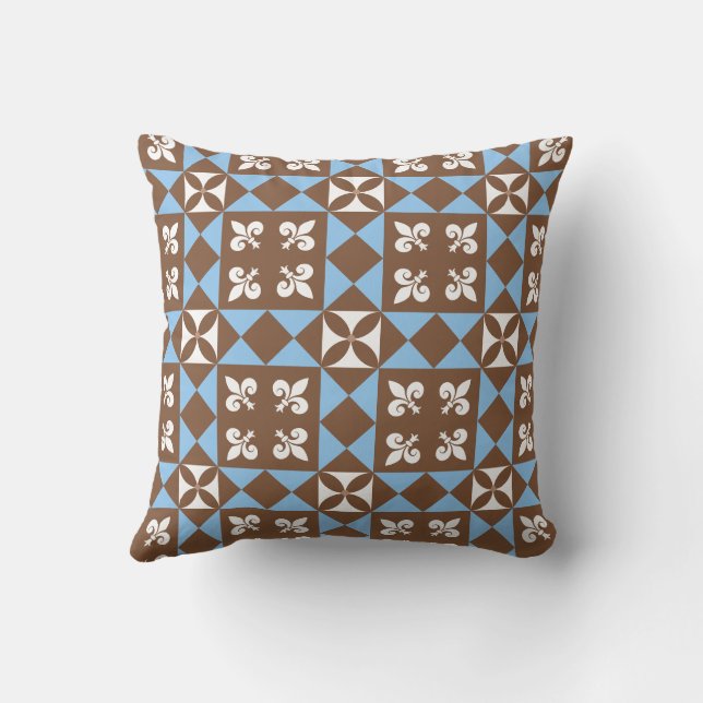 Coussin Motif géométrique rétro marron et bleu (Verso)