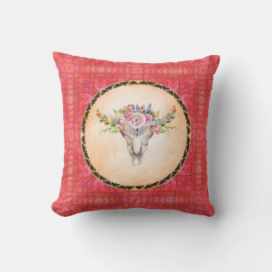 Coussin Motif Géométrique Rouge Avec Crâne De Vache Floral