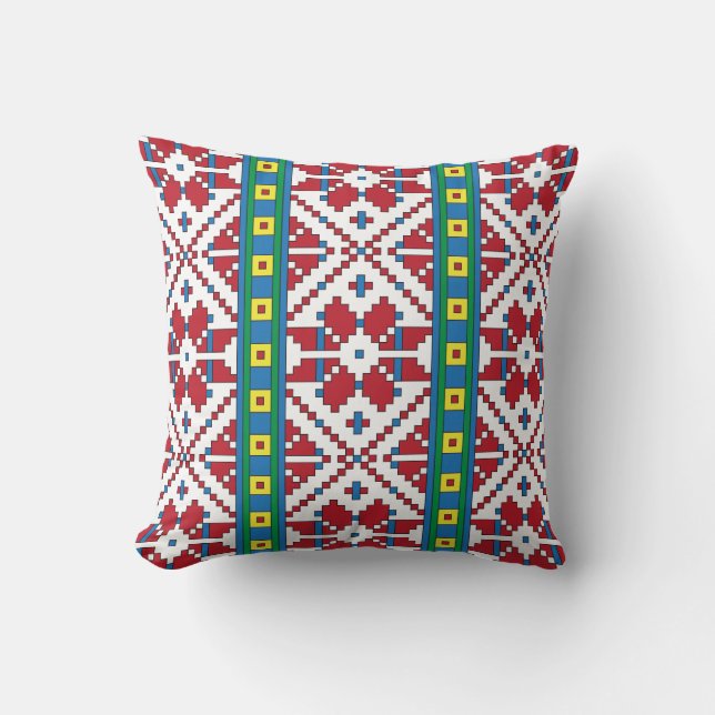Coussin Motif géométrique tribal rouge, bleu et blanc étoi (Recto)
