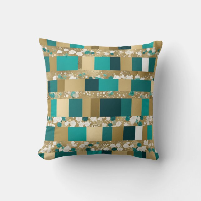 Coussin Motif géométrique vert sarcelle et or avec fleurs (Recto)