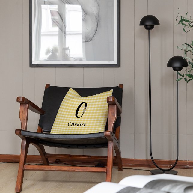 Coussin Motif gingham à fleur de monogramme initiale aquar (Créateur téléchargé)