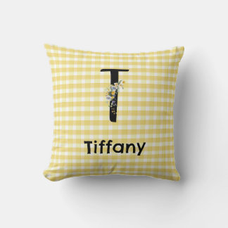 Coussin Motif gingham à fleurs aquarelle avec initiale de