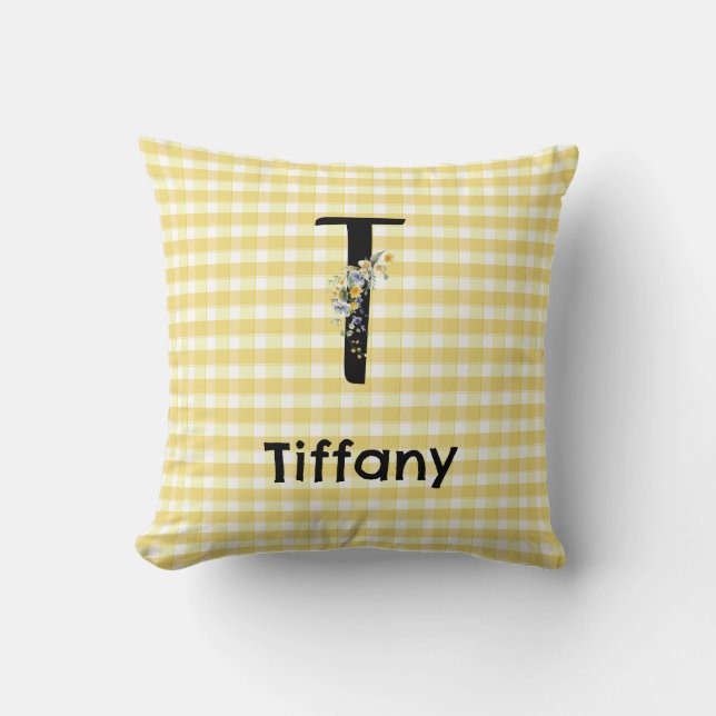 Coussin Motif gingham à fleurs aquarelle avec initiale de  (Recto)