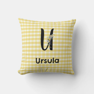 Coussin Motif gingham à fleurs aquarelle avec initiale de